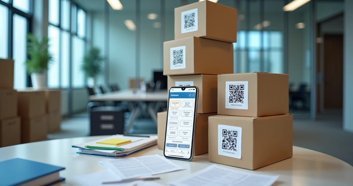 Caixas plásticas etiquetadas com QR Code em escritório moderno