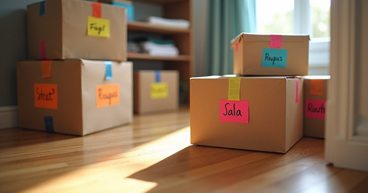 Etiquetas coloridas coladas em caixas de papelão para facilitar a mudança.