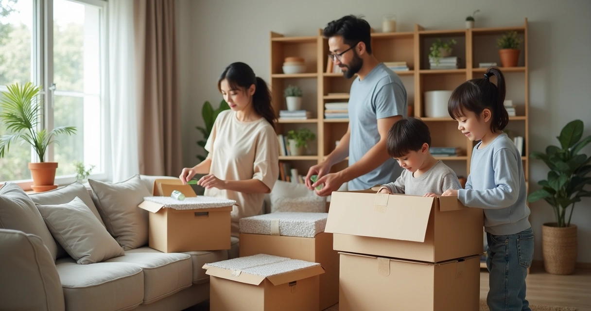 Família embalando móveis e caixas de papelão.