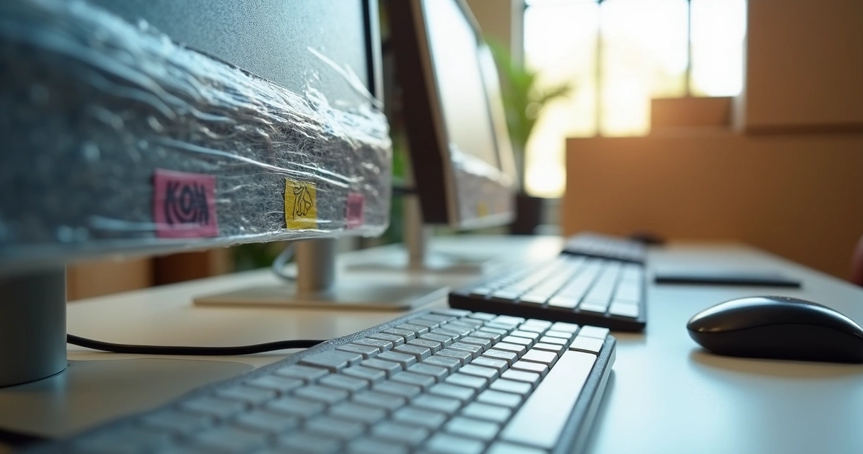 Monitor de computador e equipamentos protegidos em plástico bolha