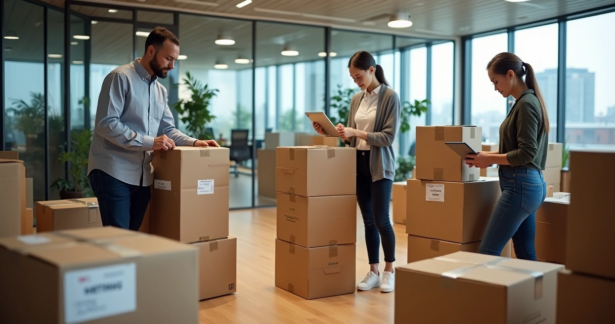 Equipe organizando caixas e móveis em andamento de mudança empresarial