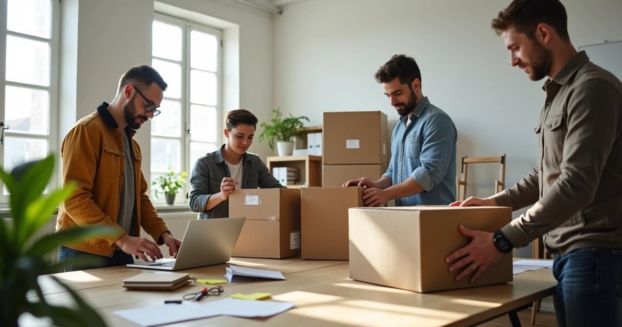 Equipe empresaral organizando caixas e móveis em escritório