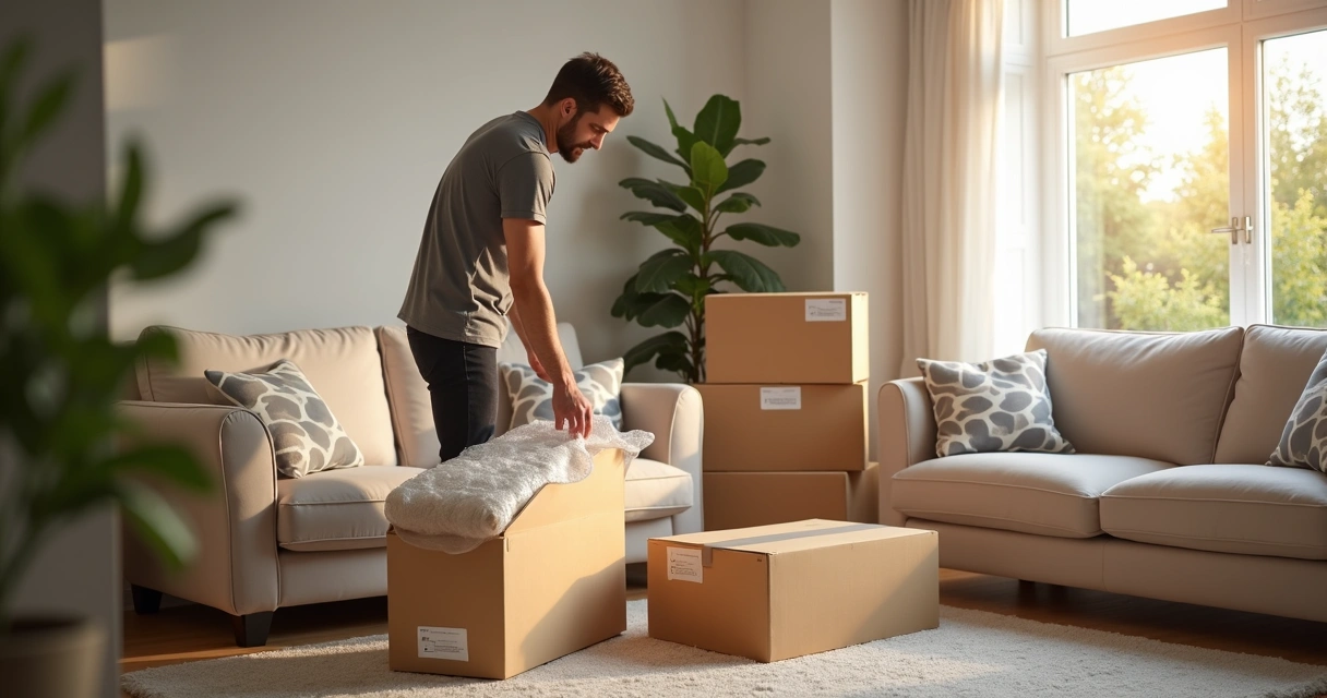 Profissional embalando móveis cuidadosamente com materiais de proteção em ambiente residencial organizado