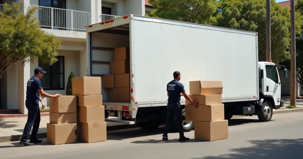 Caminhão de mudança branco estacionado em rua residencial de São Paulo com caixas organizadas e profissionais carregando móveis
