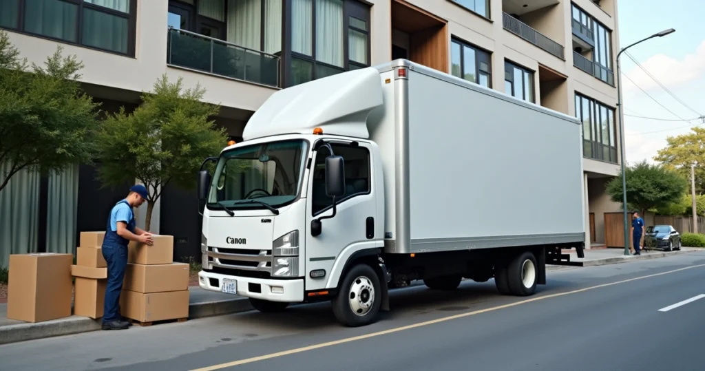 Caminhão de mudança branco estacionado em frente a apartamento moderno com equipe preparando caixas e equipamentos de embalagem para mudança em São Paulo
