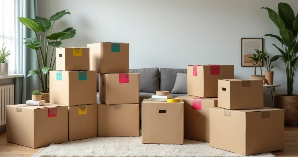 Caixas de papelão de vários tamanhos empilhadas organizadamente em ambiente claro para mudança segura