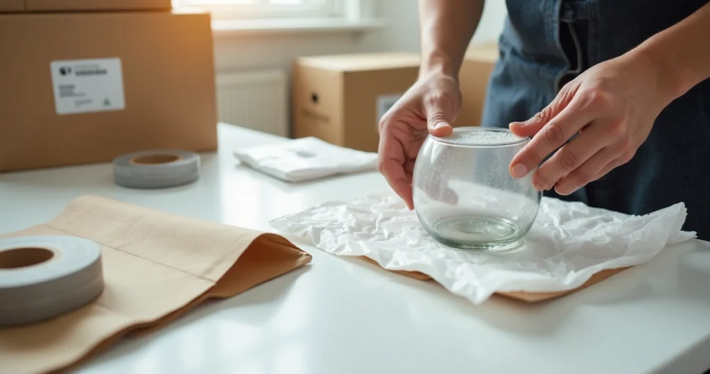 Mãos envolvem item frágil com papel manilha branco para embalagem segura em mudança