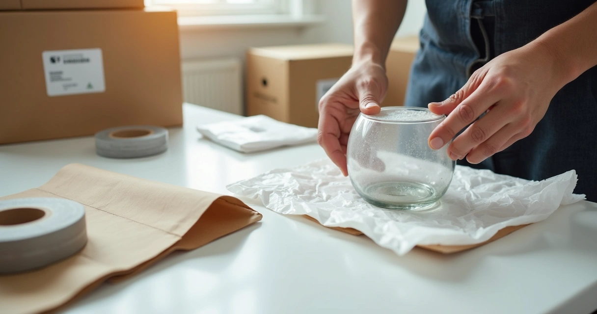Mãos envolvem item frágil com papel manilha branco para embalagem segura em mudança