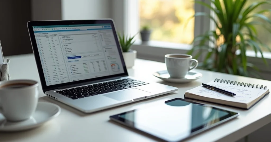 Mesa de escritório com laptop aberto mostrando planilhas digitais, tablet com checklist, bloco de notas com anotações e canecas organizadas