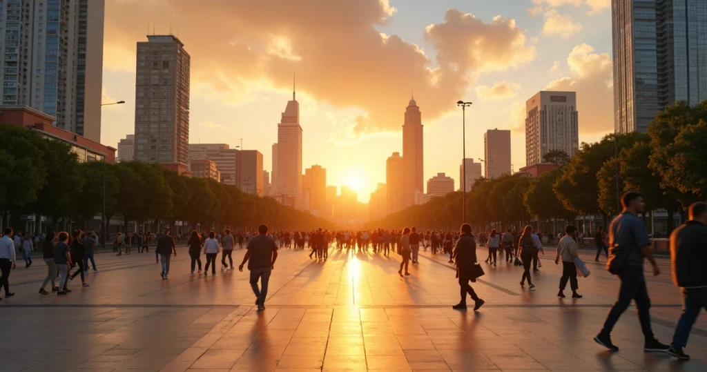 Vista panorâmica da Praça do Povo em São Paulo ao entardecer, com pessoas caminhando e arranha-céus ao fundo