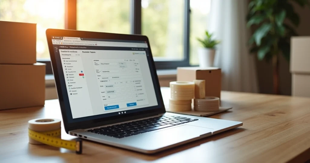 Mesa com laptop exibindo software de cálculo de volume de mudança residencial, ao lado caixas organizadoras e fita adesiva para embalagem