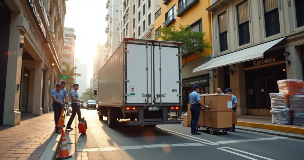 Caminhão de mudança em rua movimentada da Lapa com prédios e comércio ao fundo