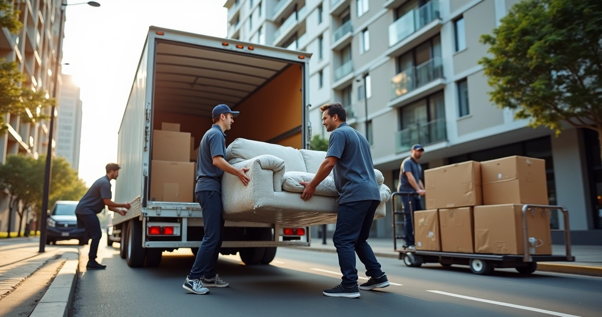 Equipe de mudança carregando móveis em caminhão em rua urbana de São Paulo