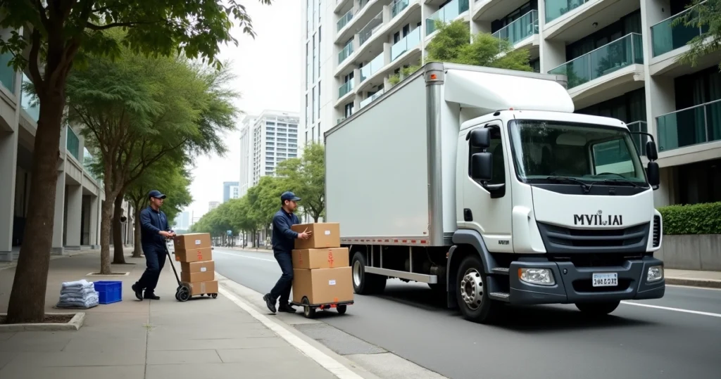 Caminhão de mudança em rua arborizada da Zona Sul de São Paulo com equipe carregando caixas