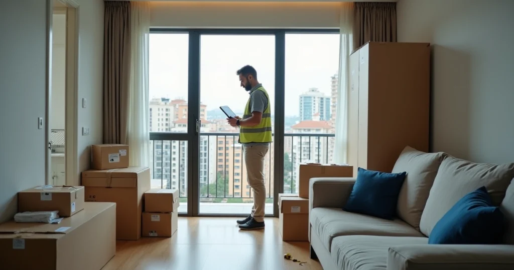 Profissional avaliando apartamento para vistoria técnica de mudança