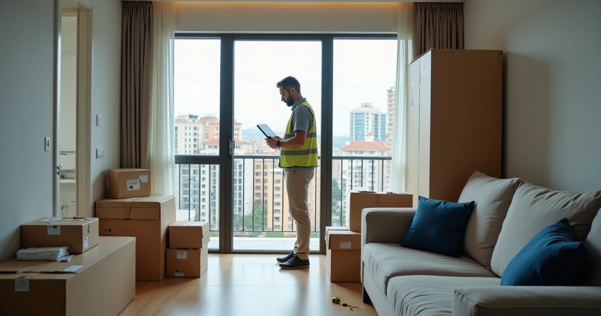 Profissional avaliando apartamento para vistoria técnica de mudança